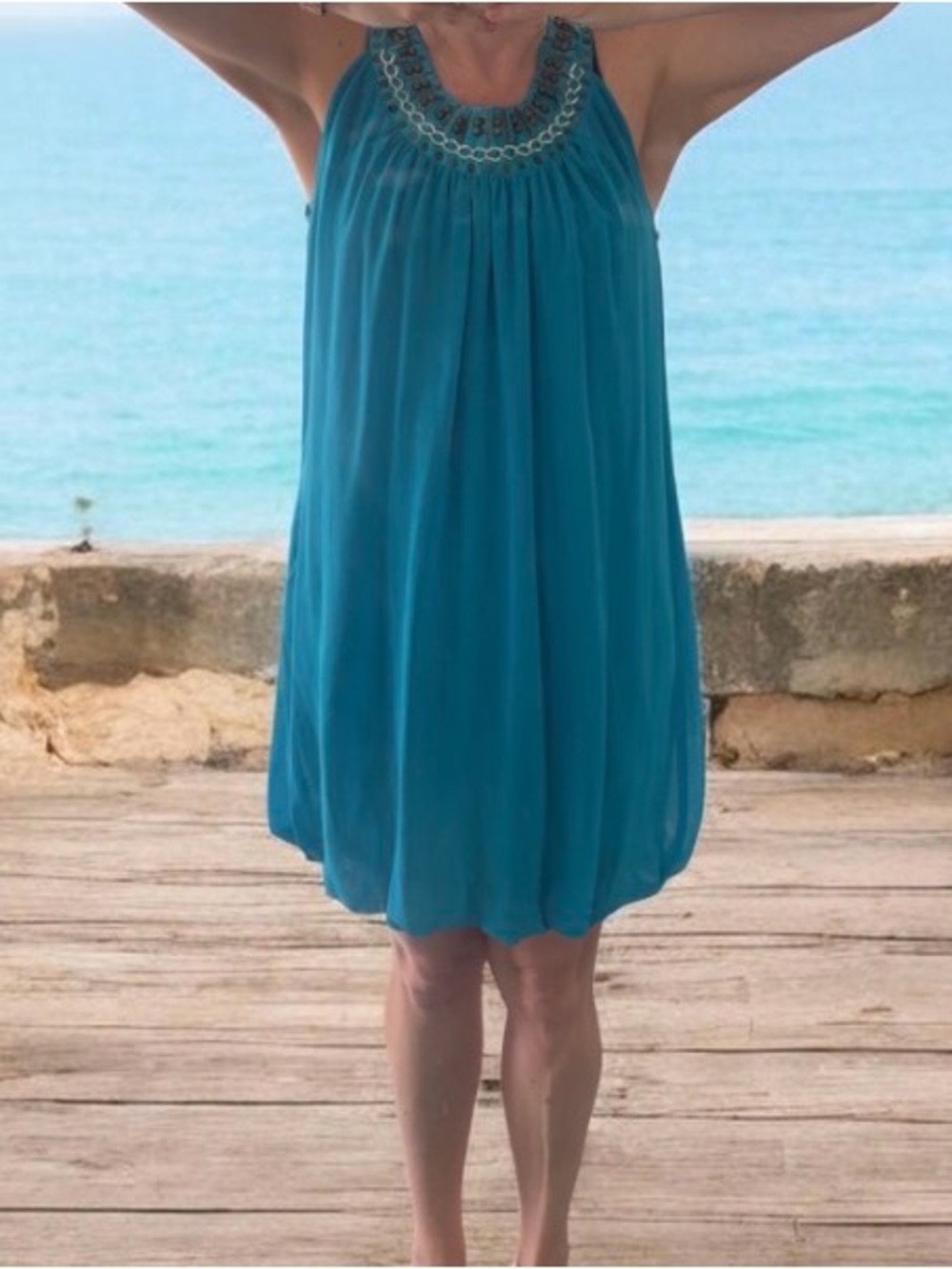 Free when bundled with 2 items! Sleeveless Teal Beaded Halter Bubble Dress